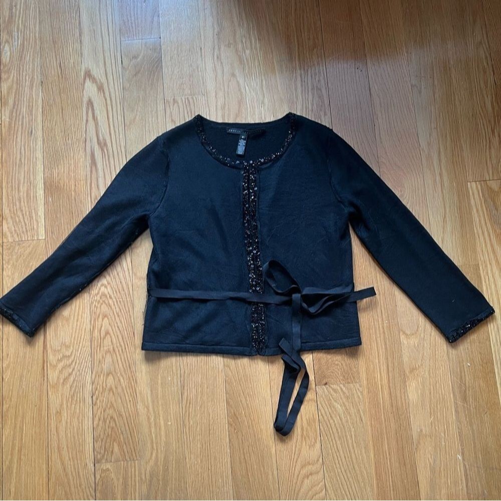 Robert Rodriguez Black Cashmere Lined Cardigan Sweater Bedazzled Trim Tie Sz S